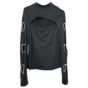 Chic Me Cutout Beaded Long Sleeve Stretch High Neck Black Blouse Top Size XL